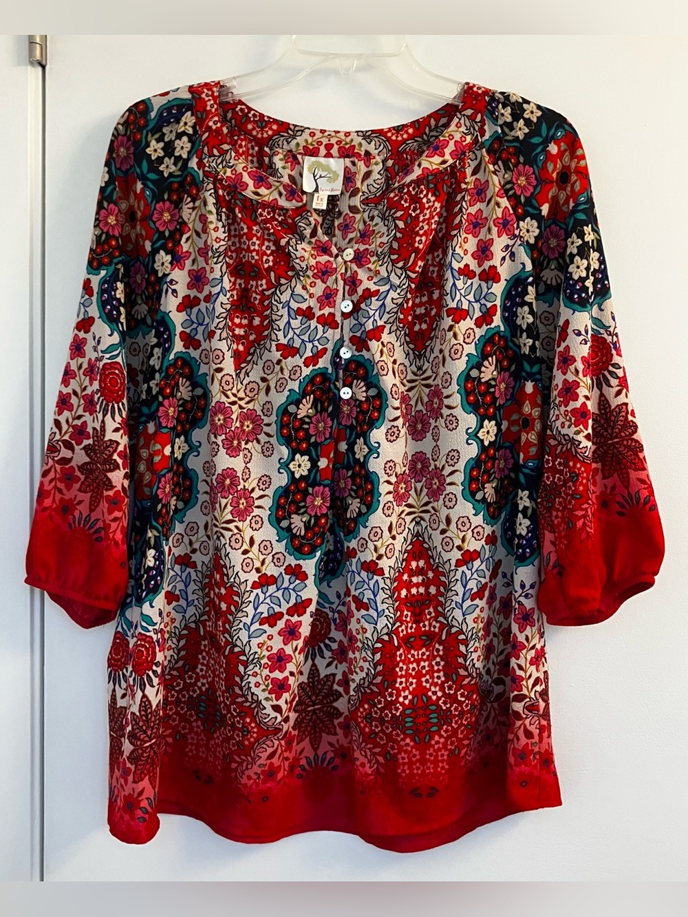 Fig & Flower Women's 1X Boho Floral Blouse 3/4 Elastic Sleeve Paisley Top
